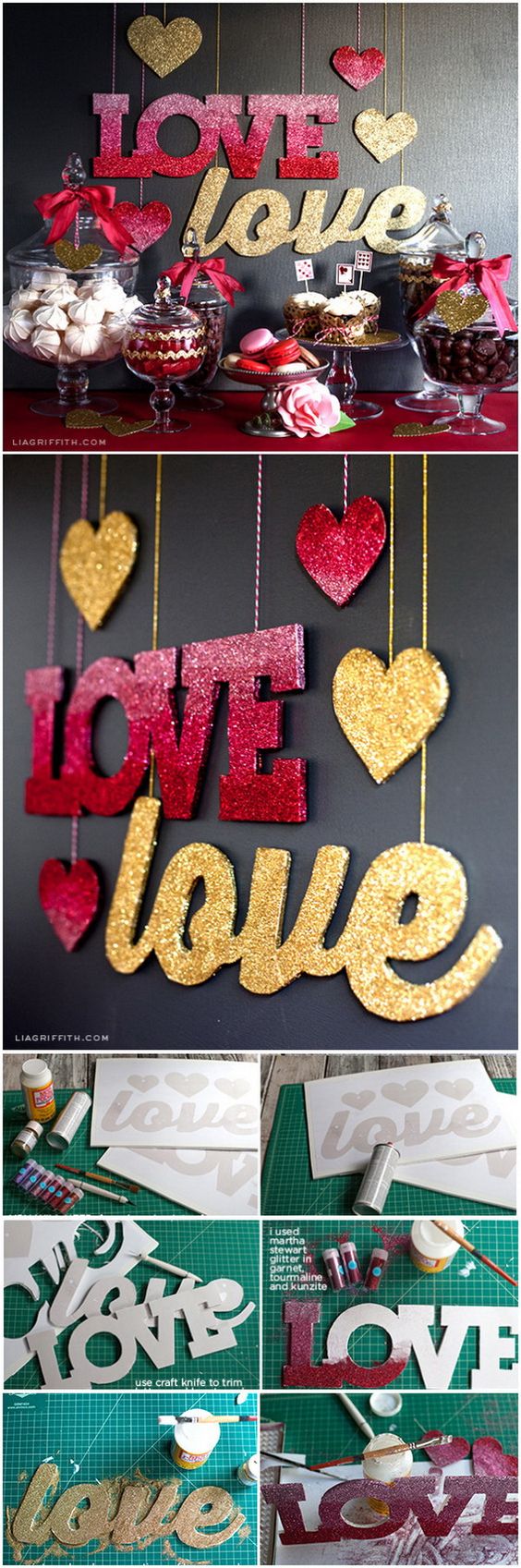 DIY Love Banners in Pink Ombré and Gold Glitter. 