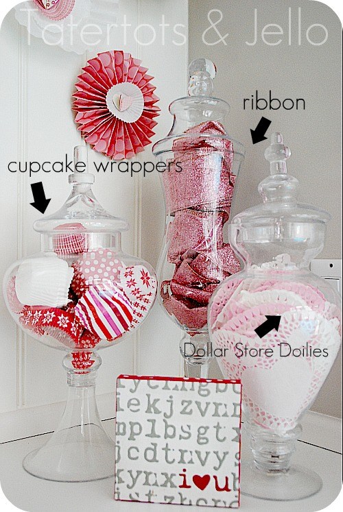 Valentine's Day Apothecary Jars With Dollar Store Doilies, Cupcake Liners And Sparkly Ribbons. 