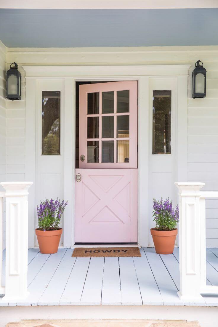 Pretty In Pink Front Door With Lavender Pots. 