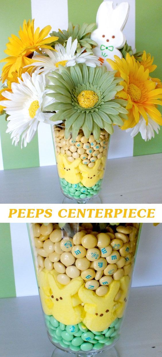 Easter Peeps Centerpiece Using Peeps, M&M's And Flowers. 