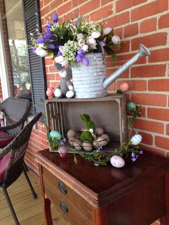 Spring Flowers And Easter Egg Arrangements. 