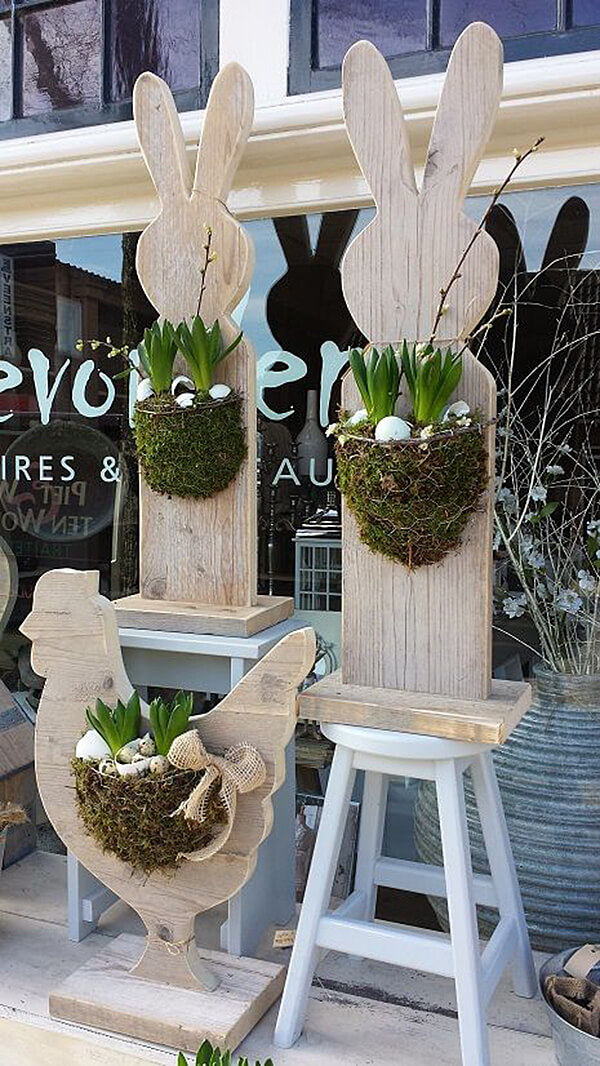 Wood Easter Bunny and Chicken Planters. 