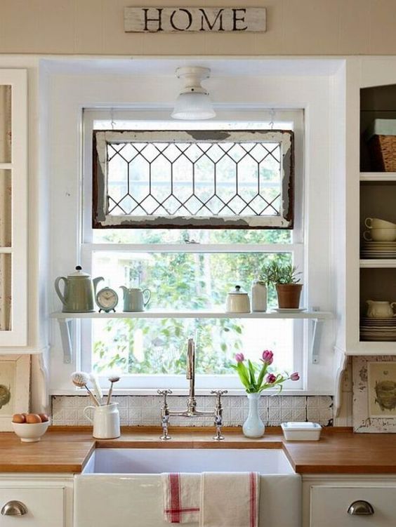 An Old Window And A Shelf Above Kitchen Sink. 